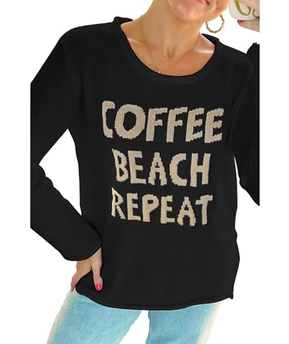 Image of Women's Beach Cover Up Sweaters Letter Print Graphic Long Sleeve Crochet Crew Neck Knit Sweater Summer Tops