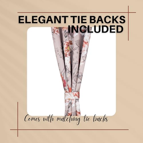 Image of Floral Printed True Blackout Window Curtains 5 Feet Set of 2 | Heavy Room Darkening Thermal Insulated Eyelet Parda for Living Room & Bedroom | Curtains with Tie Back (121x152cm, Dusty Pink)