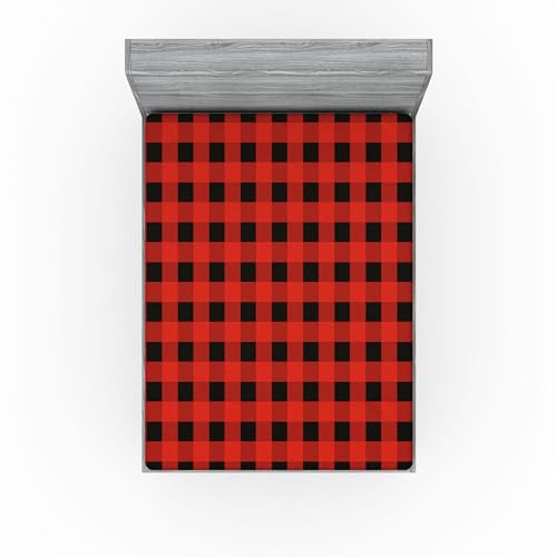 Ambesonne Plaid 2 Pack Fitted Sheet, Retro Lumberjack Buffalo, Bed Cover All-Round Elastic Deep Pockets 2 Pieces, Package Contains 2 Queen Size Fitted Sheets, Orange Black