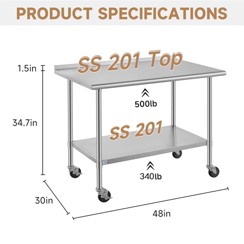 Image of ROCKPOINT All Stainless Steel Prep Table with Caster 30x48 Inch, Commercial Heavy Duty Workbench with Stainless Legs & Adjustable Undershelf, 840 lb Capacity for Outdoor Kitchens with Wheel