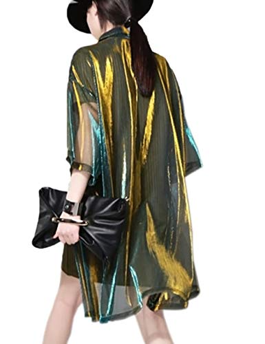 xxxiticat Women's Fashion See Through Trench Coat Lapel Transparent Mesh Laser Sunproof Sunscreen Quarter Sleeve Jackets3