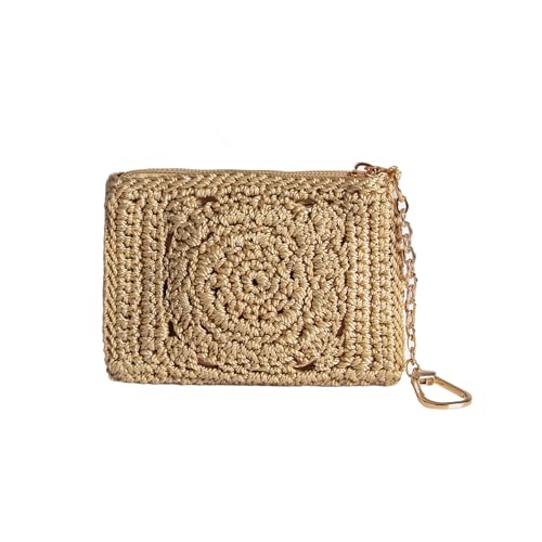 Eiyye Carteira feminina com porta-cartões de crédito de crochê com zíper, organizador de cartão de identificação minimalista leve para bolsa ou uso em viagens (Cáqui)