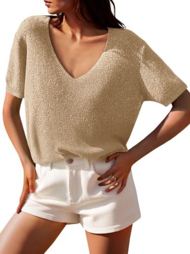 Image of Saodimallsu Womens Short Sleeve Sweater Summer V Neck Casual Tops Lightweight Loose Knit Pullover Shirts