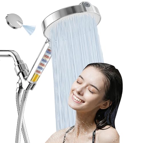 6“ Filtered Shower Head with Handheld, 6 Modes High Pressure Shower Head with Filter for Hard Water, Detachable Showerhead with Stainless Steel Hose and Shower Arm Bracket, Chrome-White