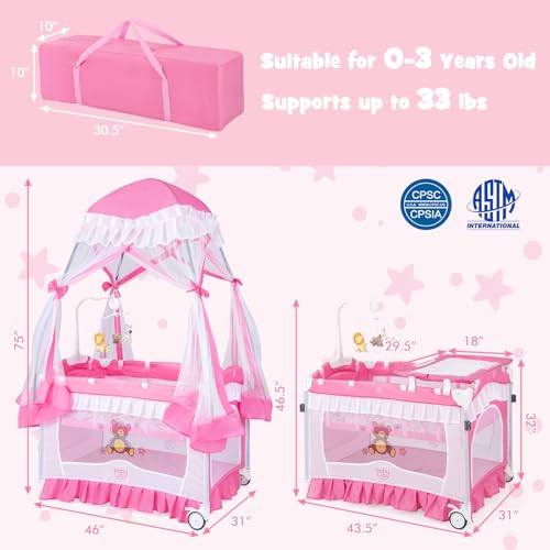 Image of BABY JOY 4 in 1 Pack and Play with Canopy, Portable Baby Playard with Bassinet, Double-Layer Baby Crib, Wheels & Brake, Foldable Baby Girl Pink Princess Bassinet from Newborn to Toddler
