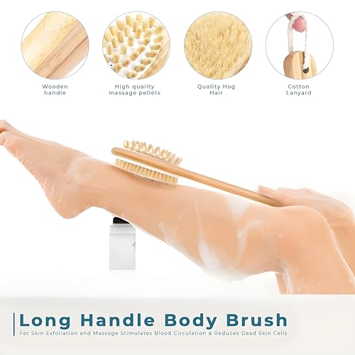 Image of KIMEE 2-in-1 Natural Bristle Bath Brush with Long Wooden Handle & Detachable Head - Back Scrubber for Shower, Dry Brushing, Exfoliating Skin Care, Cellulite Reduction & Deep Cleansing Spa Tool
