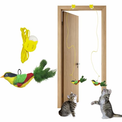 YQQKRCB Battery-Free Flying Bird Cat Toy for Indoor Cats,Physically Generates Realistic Chirps, with Suction Cup Adhesive Strips & Lanyard (Green)