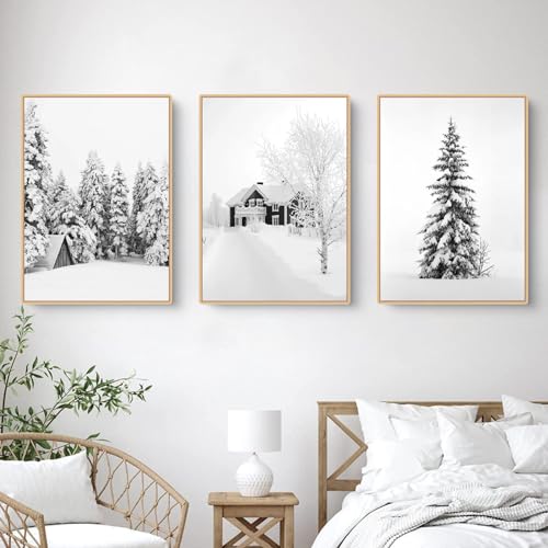 3er Poster Set, Winter Weiße Kiefer Holzhaus Wandkunst Wandbilder...
