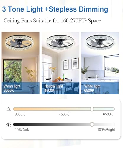 Ceiling Fans with Lights and Remote, 20"Low Profile Ceiling Fan with Light, 3000-6500K Smart Bladeless LED Fan Light, Ceiling Fans with Light for Stepless Color Temperature Change and 6 Speeds - Black