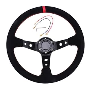 Car Racing Steering Wheel, 350mm/14inch Universal Modified Car Drifting Competitive Game Steering Wheel With Horn Button, 6 Bolt Grip Deep-Dish Slip-Resistant Sport steering wheel, Suede Leather, Red