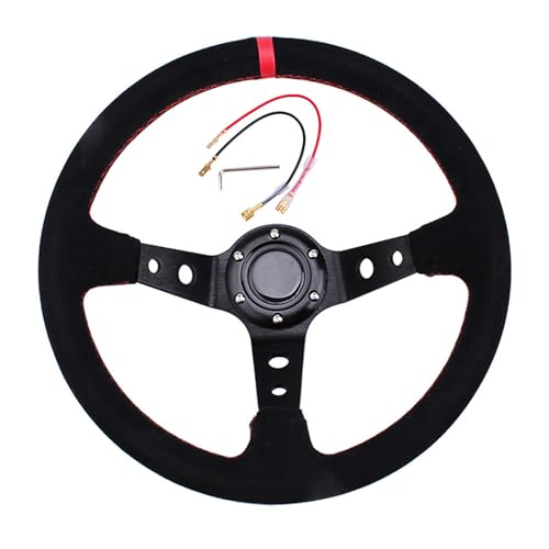 Car Racing Steering Wheel, 350mm/14inch Universal Modified Car Drifting Competitive Game Steering Wheel With Horn Button, 6 Bolt Grip Deep-Dish Slip-Resistant Sport steering wheel, Suede Leather, Red
