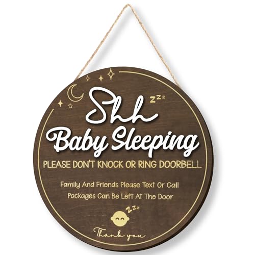 Image of Woodamore Shhh Baby Sleeping Sign for Front Door - Please Do Not Knock Or Ring Doorbell Sign, Baby Sleeping Door Sign, No Knocking Door Sign, No Soliciting Do Not Knock Sign