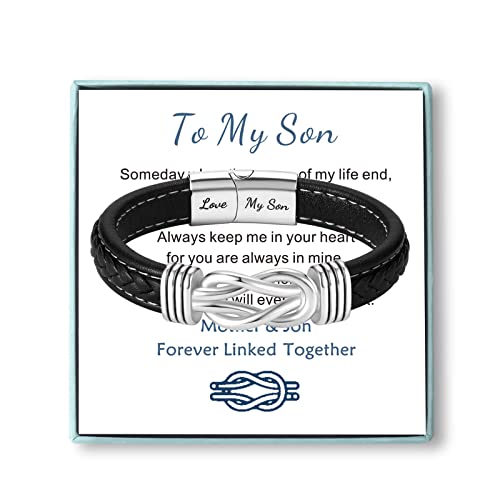 Coolvy To My Son Bracelet From Mom, Black Leather Bracelet For Men, Mother And Son Forever Linked Together Christmas Birthday Graduation Gifts, Inspirational Braided Leather Bangle Wristband Jewelry #TOP1