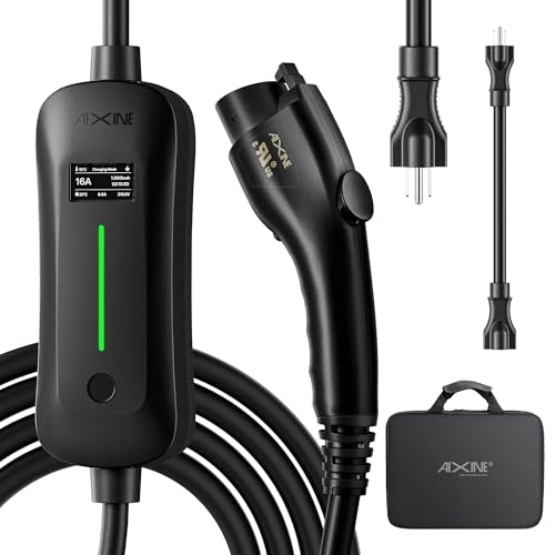 AIXINE Level 1&2 EV Charger, J1772 16A EV Charger with 25FT Extension Cord Cable,Portable Electric Car Charger 240V NEMA 6-20 Plug&120V NEMA 5-15 Adapter for All SAE J1772