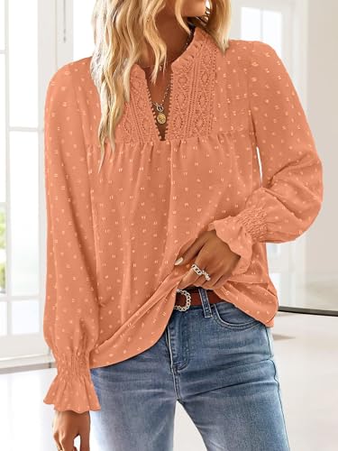 BETTE BOUTIK Women Boho Long Sleeve Shirts Dressy Casual V Neck Fall Fashion Tops Swiss Dot Flowy Blouses