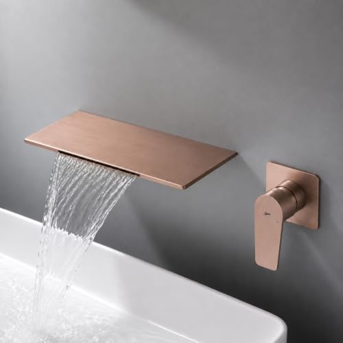 Image of AQUIEEN Plato Wall Mounted Waterfall Basin Mixer Tap | Modern Single Lever Concealed Basin Faucet | Contemporary Bathroom Sink Mixer (Brushed Rose Gold)