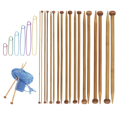 9 Pairs Bamboo Knitting Needles Set with 6 Stitch Holders 2-10mm Single Point Wooden Knitting Needles 10in Long for Scarves Hats Beginners Complete Knitting Accessories Kit