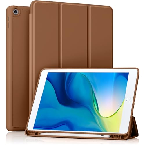 Akkerds Case Compatible with iPad 10.2 Inch 2021/2020/2019, for iPad 9th/8th/7th Generation Case with Pencil Holder, Protective Cover with Soft TPU Back, Auto Sleep/Wake, Brown