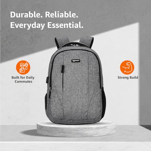 Amazon Basics 25L Anti-Theft Backpack | Fits 15.6 Inch Laptop | Bag with USB Charging Port | Multiple Compartments | Organiser Pocket for Men & Women (Grey)