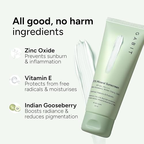 Image of Gabit 100% Mineral Sunscreen SPF 50 PA++++ | Water & Sweat Resistant, UVA /B & Blue Light Protection | No White Cast | Vit E, Gooseberry, Winter Cherry | Normal, Oily, Dry Skin Types | Oil free |50ml