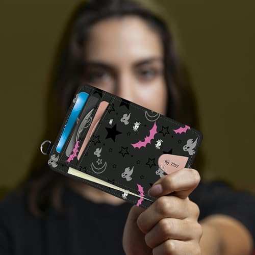 Image of Small Travel Wallets, Gothic Skull Moon Stars Bat Slim Minimalist Front Pocket Wallet with Wristlet, RFID Blocking PU Leather Credit Card Holder with ID Window Change Purse for Men Women