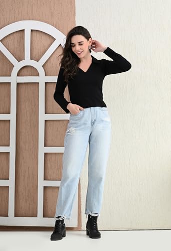 Image of Women's V-Neck Collar Full Sleeve Ribbed Top - Pure Cotton, All-Season, Comfortable & Stylish(Black,XL)