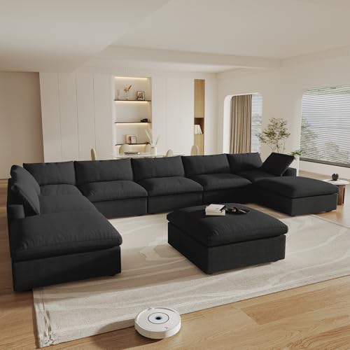 Image of Cloud Couch Modular Sectional Sofa,196inch U-Shaped Sectional Sofa with Storage Ottomans,Oversized Down Filled Convertible 9 Seater Linen Living Room Sets, Covers Washable&Replaceable,Black