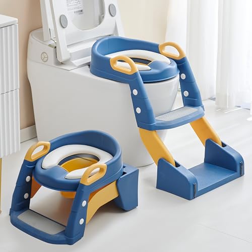 Baybee Vega 3 In 1 Western Toilet Potty Seat For Kids,Baby Potty Training Seat Chair With Splash Guard,Handle,Ladder & Cushion Seat|Kids Toilet Seat|Potty Seat For 1-8 Years Child (Blue) – Plastic