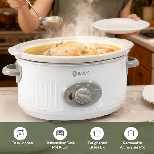Image of 4.0 Quart Slow Cooker with Ceramic Nonstick Coating, 3 Heat Settings, Cool Touch Handles, Safe Tempered Glass Lid, Dishwasher Safe for Easy Cleanup, Ivory White