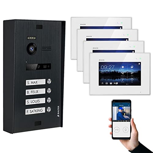 Nonic Balter EVO Aufputz Video-Türsprechanlagen WLAN Set 4 Familienhaus (1x Türstation mit Kamera Schwarz, 4X Touchscreen 7 Zoll LCD-WiFi-Monitor Weiss, Smartphone APP Funktion, 2-Draht, 150° Kamera)