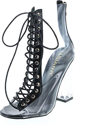 Liliana Clear Translucent Transparent Lace Up Peep Toe Ankle Bootie W Perspex Block Heel