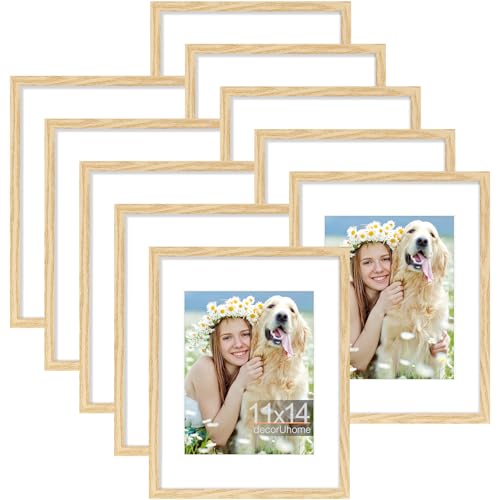 decorUhome 11x14 Picture Frame Set of 10, Display Photos 8x10 with Mat or 11x14 Unmatted for Picture Frames Collage Wall Decor, Natural