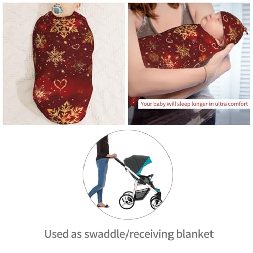 Image of Red and Gold Christmas Snowflake Heart Swaddle Blanket with Beanie Hat Set Newborn Swaddle Wrap Soft Baby Receiving Blankets Baby Swaddle Blanket for Baby Boys and Girls