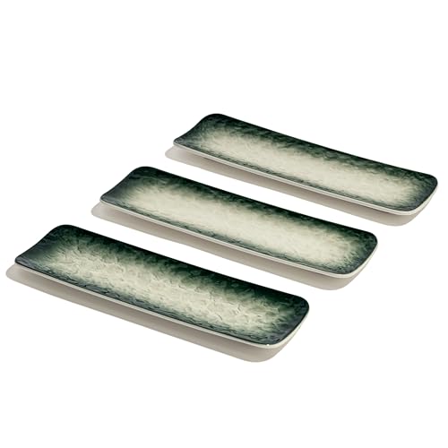 Image of Beyond Homes Ceramic Sushi & Dimsum Serving Trays Set of 3 | 10 Inch Long Rectangular Plates | Ceramic Platter Plates for Serving Snacks, Momos, Sushi & Desserts | Microwave & Dishwasher Safe | Green