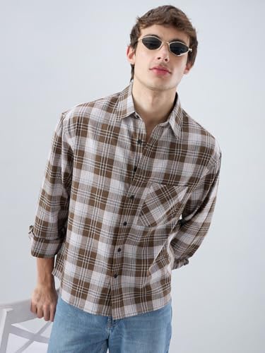 VASTRADO Deep Brown Plaid Crop Shirt - Image 4