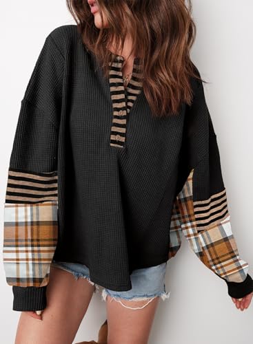 Acelitt Women Casual Color Block Long Sleeve V Neck Waffle Knit Shirts Tops,S-XXL2