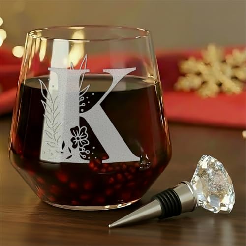 Physkoa Personalized Wine Glass for Women – Customized Initial A~Z Etched, Dishwasher Safe|Birthday Christmas Wine Gift for Her, Mom,Friend,Wife,Sister| Monogrammed Gifts for Women(K)