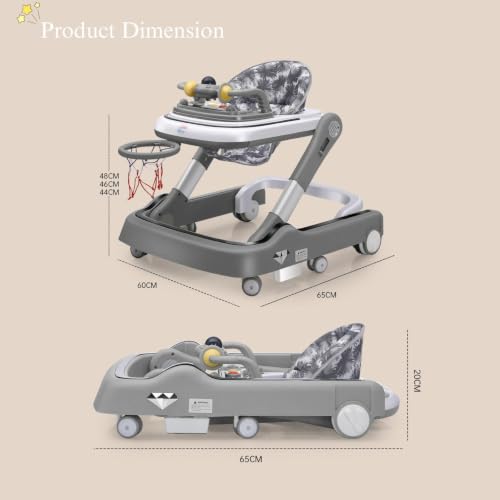 Image of Little Olive Baby Walker for Kids | Foldable & Adjustable Height Walker with Basketball Hoop, Interactive Activity Toy Bar, Comfortable Padded Seat & Smooth Wheels | Baby Walker for Boys & Girls (Grey)
