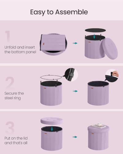 Image of SONGMICS Mazie Collection - Round Storage Ottoman, Folding Footrest Stool with Removable Lid, Easy Assembly, Velvet Vanity Stool for Bedroom, Living Room, Entryway, Purple ULSF608PE01