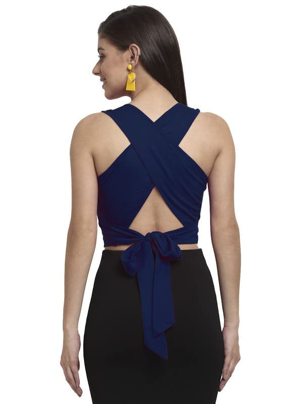 ELEVANTO Women's Latest Round Neck Stylish Criss Cross Back Tie Backless Crop Top Bardot Blouse/Tops for Summer/Basis Tshirt