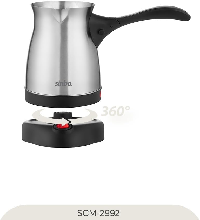 Sinbo SCM-2992 Electric Turkish Coffee Pot showing 360-degree rotation on its power base.