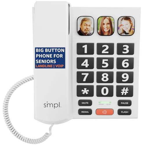 SMPL Big Button Phone for Seniors, Simple Corded Landline Home Telephone for Elderly, Handicap, Alzheimer’s, Dementia, Hearing & Vision Impaired 56021