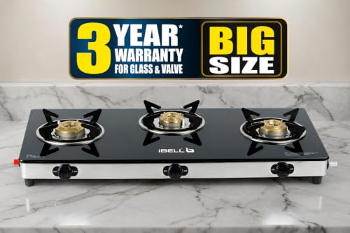Image of iBELL AGS9413SLM 3 Burner Gas Stove with Auto Ignition | 3-YEARS WARRANTY | ISI Certified | Large 77 x 38 x 7.5 cm Body | Scratch Resistant Toughened Glass Top | High-Efficiency Brass Burners [Black]