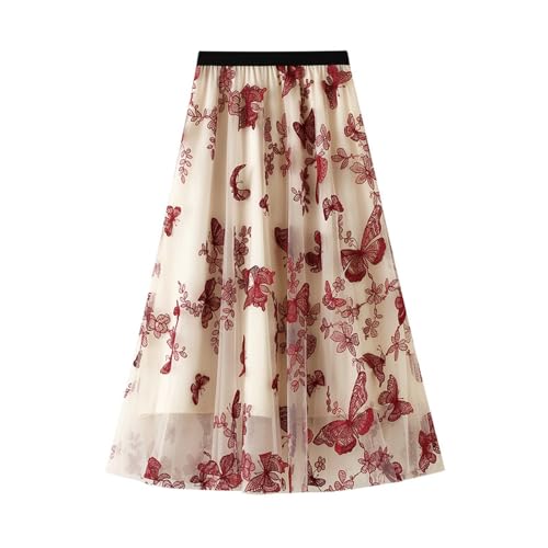 Womens Vintage Tulle Skirt Butterfly Embroidered Midi Skirt High Waist Pleated A-line Skirts Cocktail Swing Skirt