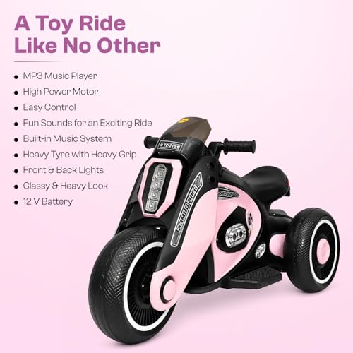 Image of Toyzone Rambo Electric Bike - Pink | 12V Rechargeable Bike for Kids with 4.5Ah Battery | LED Lights, Music, MP3 | Smooth Acceleration | 6M Battery Warranty | for Big Kids Age 4-12 Years, Up to 35kg
