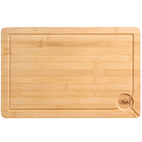Grande planche à découper en bambou bio avec rainure d'égouttement pour découper de la viande, des tapas ou des légumes, 37 x 25 x 2 cm, planche à découper pour cuisine, planche de service pré-huilée