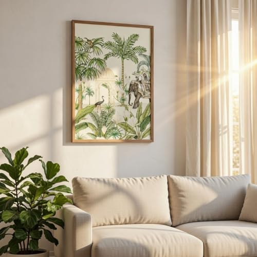 Image of Livin'luxe Tropical Elephant Palace Wall Art with Wooden Frame | Vintage Botanical Jungle HD UV Laminated Print on MDF | Elegant Nature Decor for Living Room Bedroom Office 13.5 x 19.5 Inch