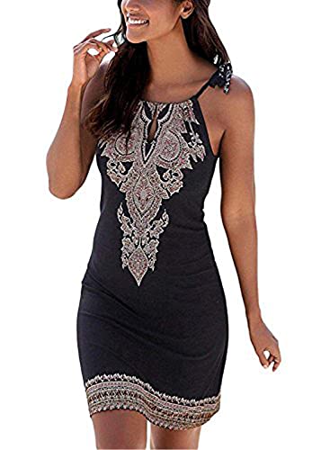 Happy Sailed Women Summer Halter Neck Dress Floral Print Bohemian Beach Dresses Black X-Large