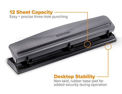 Image of Bostitch Office Premium 3 Hole Punch, 12 Sheet Capacity, Metal, Rubber Base, Easy-Clean Tray, Silver, Gray (Pack of 6)