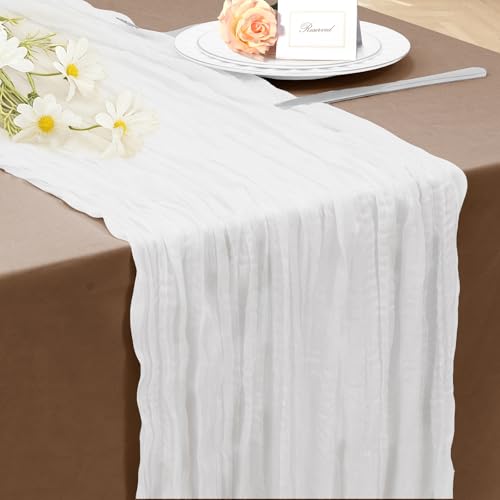 INVGEEXI 1 Pack White Cheesecloth Table Runner 35 x 120 Boho Rustic Farmhouse 10FT Gauze Table Runner for Wedding Baby Shower Birthday Party Holiday Decor